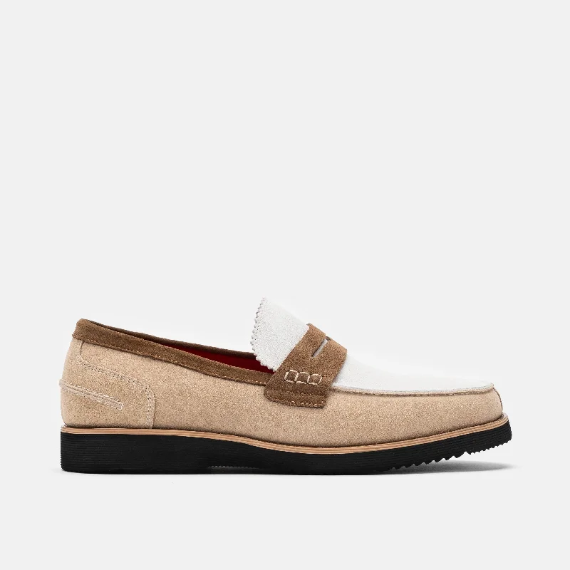 Trendy Summer Footwear Abe Camel/White Suede Penny Loafers