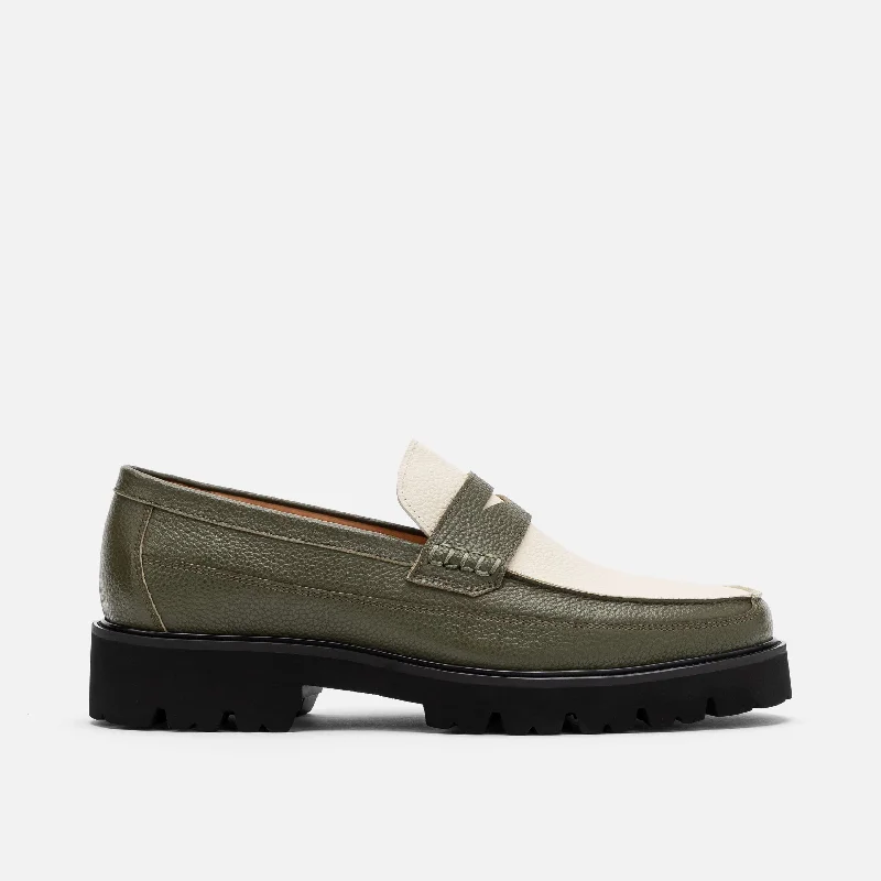 Leather Sandals For Sale Adler Olive/White Leather Lug Penny Loafers