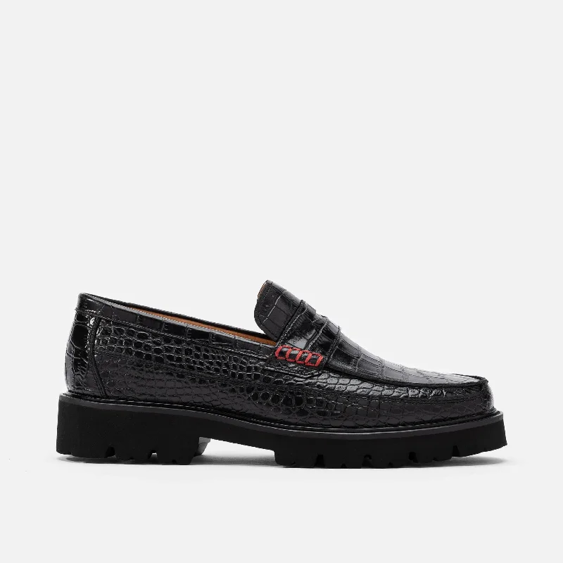 Durable Flip Flops Adler Black Croc Leather Lug Penny Loafers