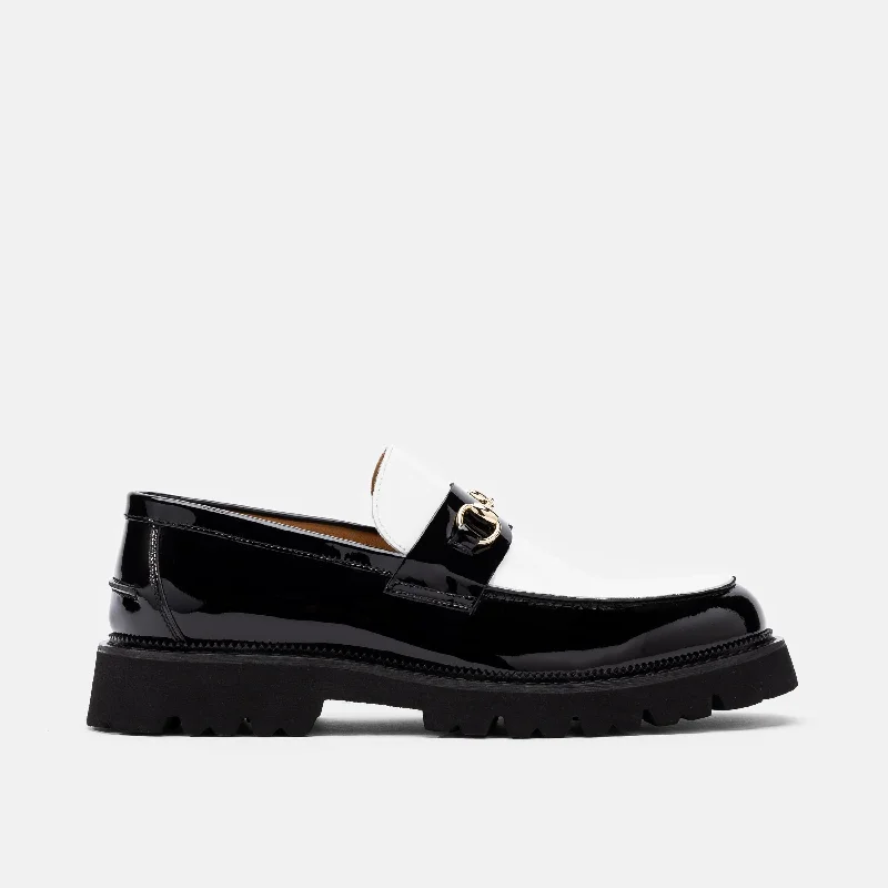 Comfortable Dress Flats Blake Black/White Patent Leather Lug Bit Loafers