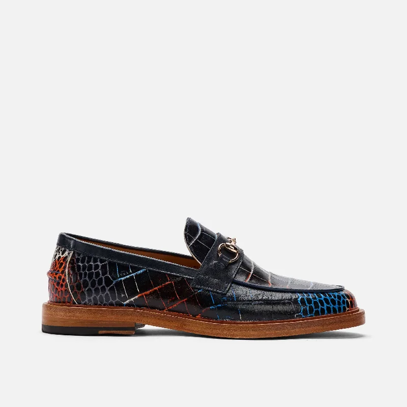Comfortable Hiking Shoes For Sale Boardwalk Navy Blue Croc Leather Horse-Bit Loafers