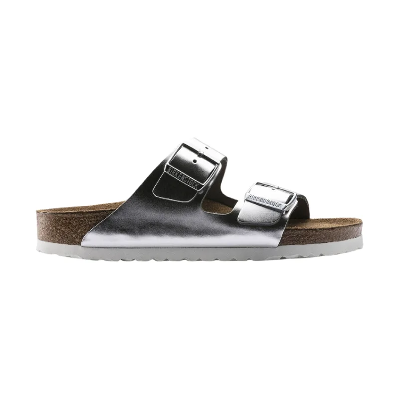 Designer Winter Footwear Brikenstock Arizona Soft Footbed Sandal - Metallic Silver Designer Winter Footwear Brikenstock Arizona Soft Footbed Sandal - Metallic Silver