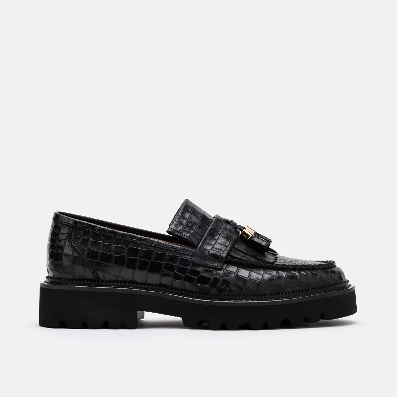 Stylish High Heel Sandals Journey Black Croc Leather Lug Tassel Loafer