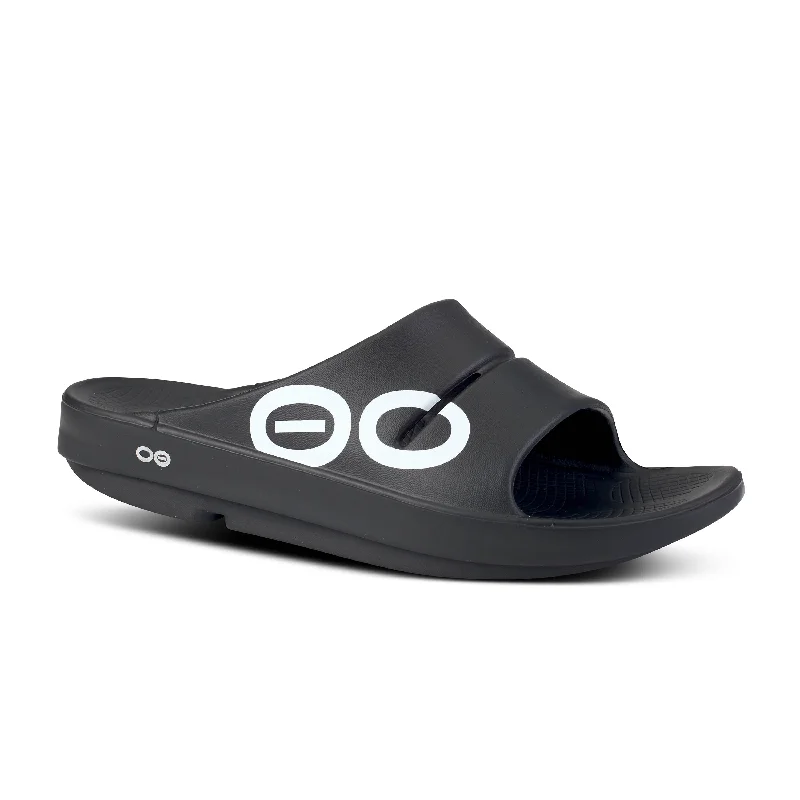 Trendy Running Footwear For Sale Men's Oofos OOahh Sport Slide Sandal Color: Black White