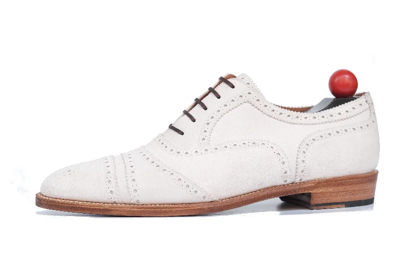Comfortable Formal Footwear Phillips MTO - White Suede - MGF Last - Single Leather Sole - Fleur De Lys Medallion Comfortable Formal Footwear Phillips MTO - White Suede - MGF Last - Single Leather Sole - Fleur De Lys Medallion