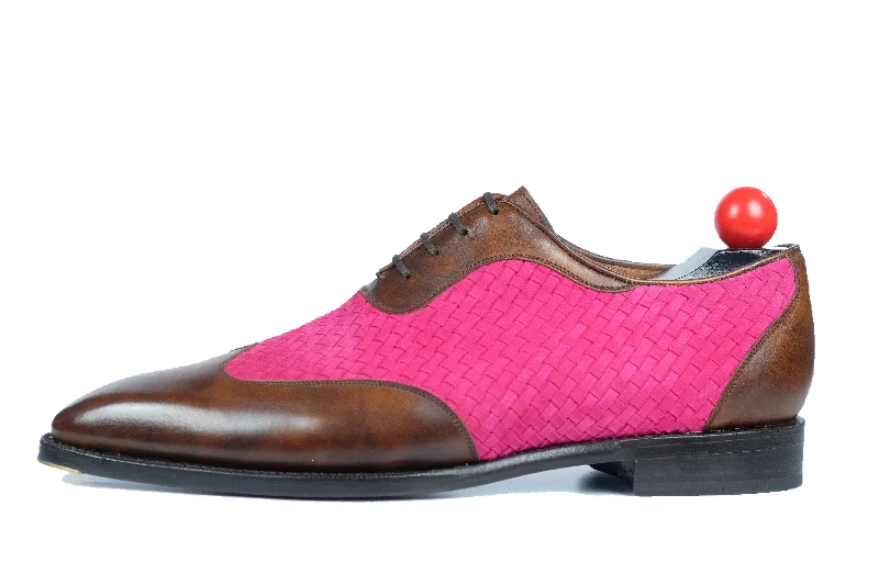 Comfortable Loafers For Women Rainier - MTO - Walnut Museum Calf / Hot Pink Braided Suede - LPB Last - Single Leather Sole Comfortable Loafers For Women Rainier - MTO - Walnut Museum Calf / Hot Pink Braided Suede - LPB Last - Single Leather Sole