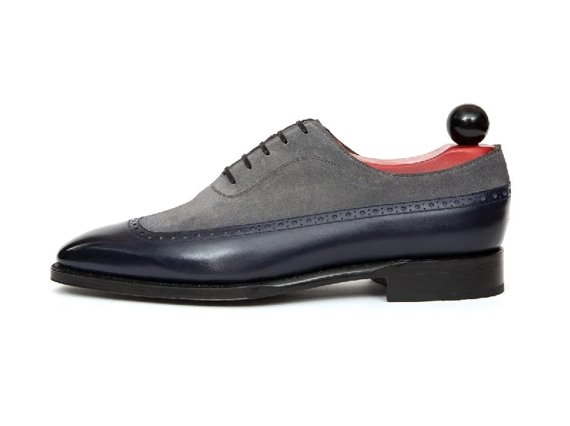 Stylish Platform Boots Sebastien - MTO - Marine Blue Calf / Light Grey Suede - LPB Last - Single Leather Sole