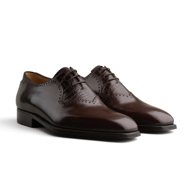 Stylish Lace-Up Sneakers Style 3627 - Vitello Meleze / Brown Alligator