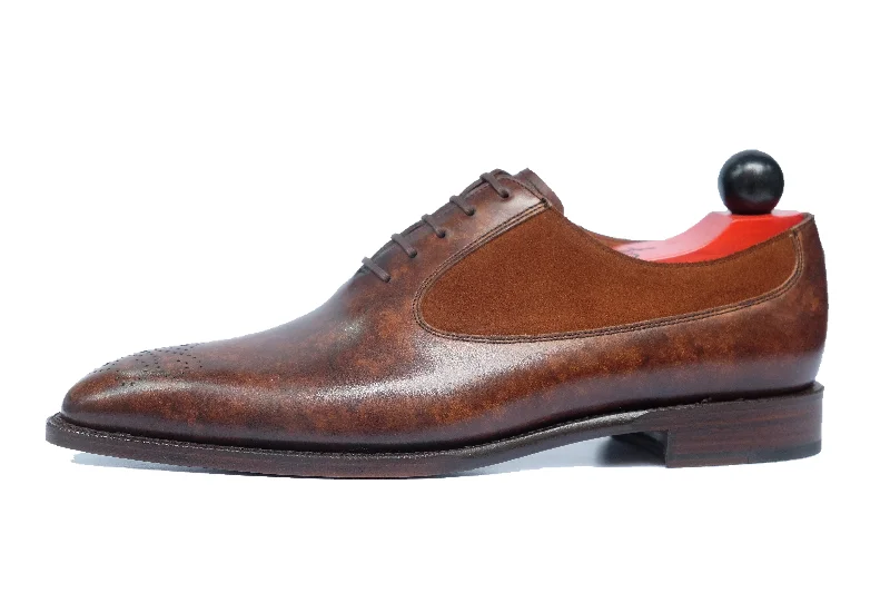Stylish Work Sandals Tacoma - MTO - Copper Marble Patina / Snuff Suede - Papillon Medallion - LPB Last - Single Leather Sole Stylish Work Sandals Tacoma - MTO - Copper Marble Patina / Snuff Suede - Papillon Medallion - LPB Last - Single Leather Sole