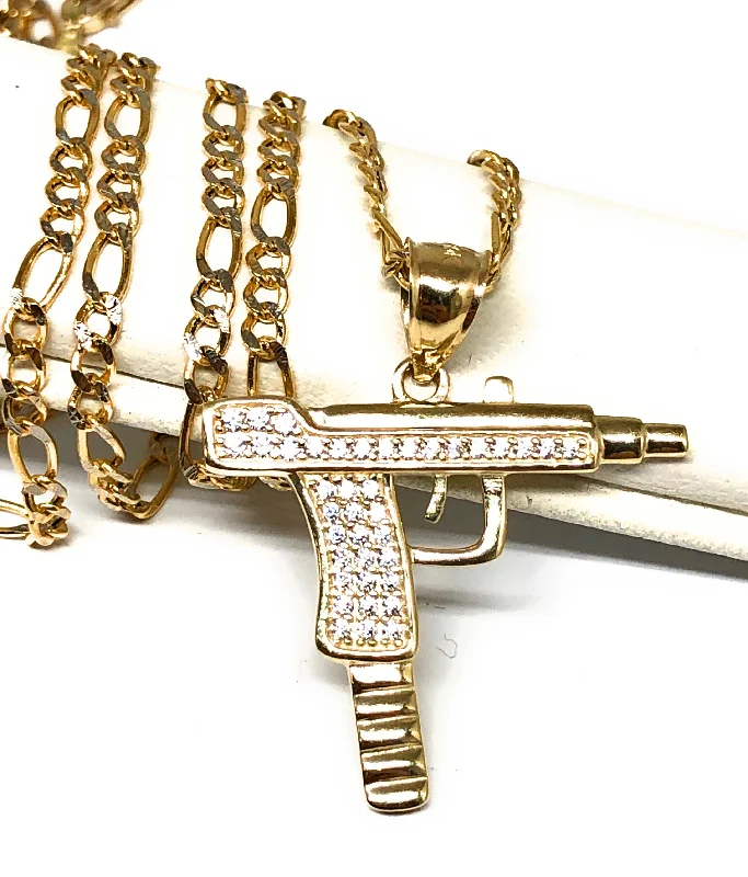 10k Solid Gold CZ UZI Pistol Pendant Necklace (MED, SM)