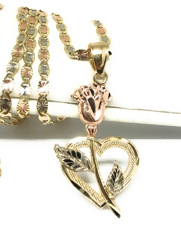 10k Solid Gold Tri-Color  Heart Flower Pendant Necklace Valentina Chain