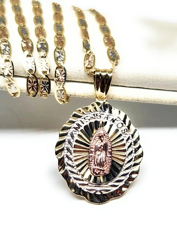 10k Solid Gold Tri-Color Virrgin Mary Mis 15 Años Pendant Necklace Virrgen Gaudalupe (SM) (FC)