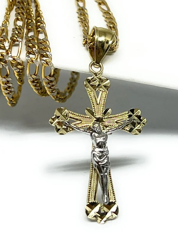 10k Solid Gold Yellow 2-Tone Jesus Cross Crucifix Pendant Necklace