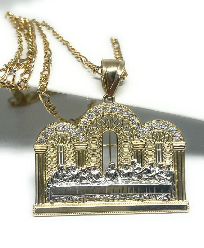 10k Solid Gold Yellow 2-Tone Jesus Last Supper CZ Pendant Necklace (LG) (7.2g)