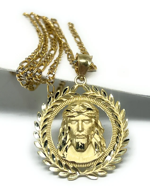 10k Solid Gold Yellow Classic Jesus Face CORONET Pendant Necklace