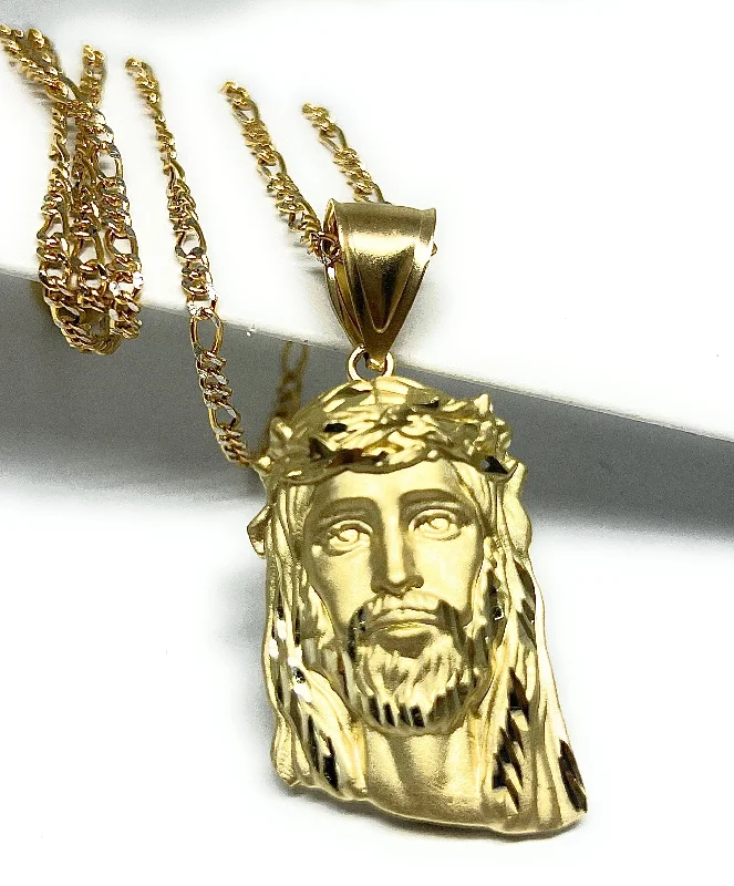 10k Solid Gold Yellow Classic Jesus Face MATTE Pendant Necklace (LG, MED, SM)