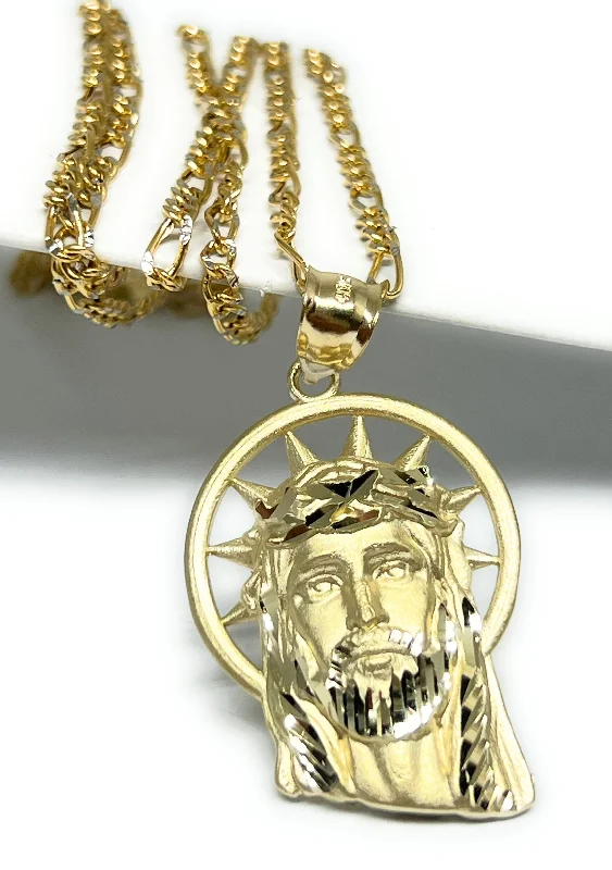 10k Solid Gold Yellow Classic Jesus Face WITH CROWN  MATTE Pendant Necklace