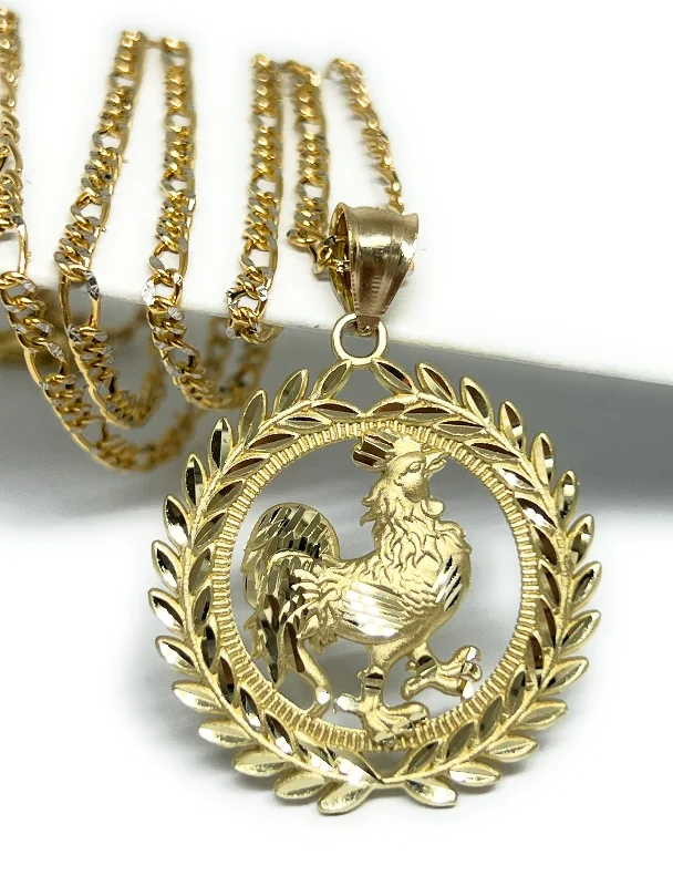 10k Solid Gold Yellow Rooster ROUND CORONET Pendant Necklace