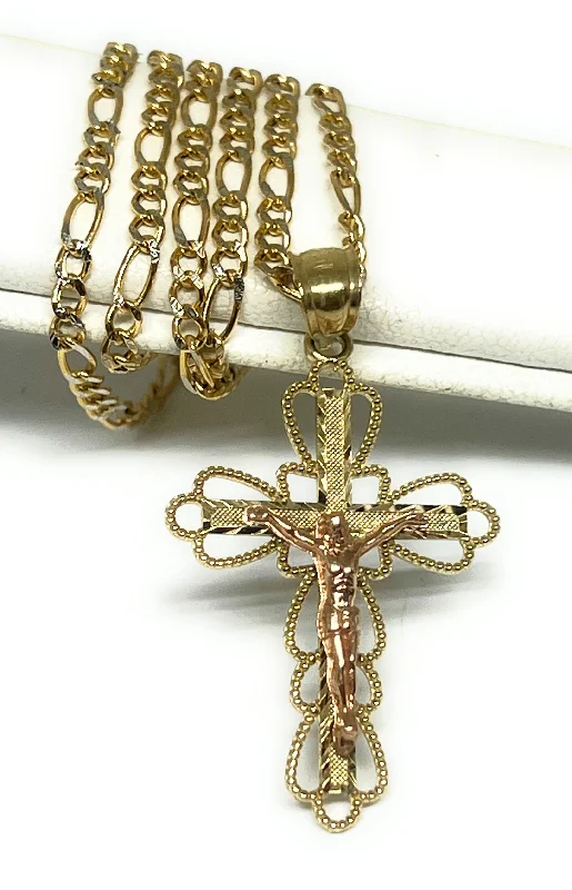 10k Solid Gold Yellow & Rose 2-Tone Jesus Cross Crucifix Pendant Necklace