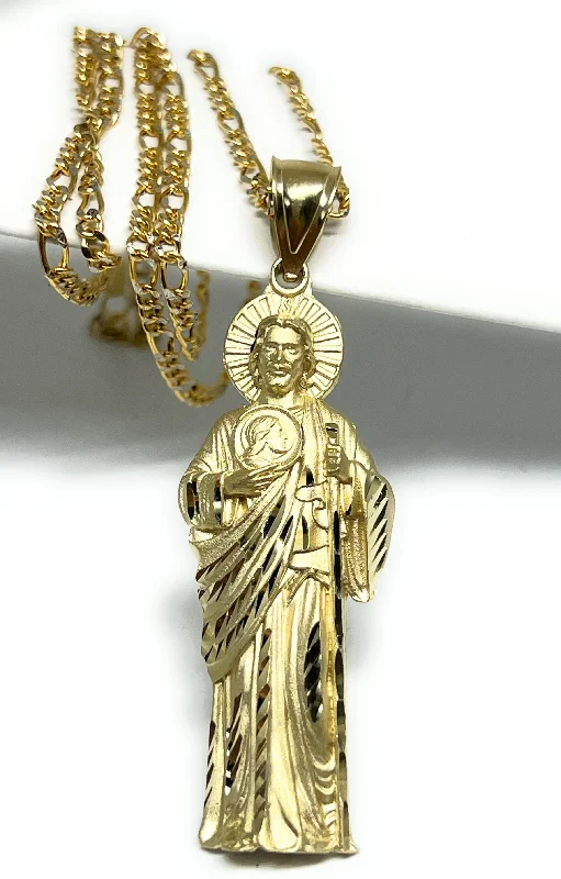 10k Solid Gold Yellow Saan Judas Saaint Jude FULL BODY Pendant Figaro Chain (SM, LG)