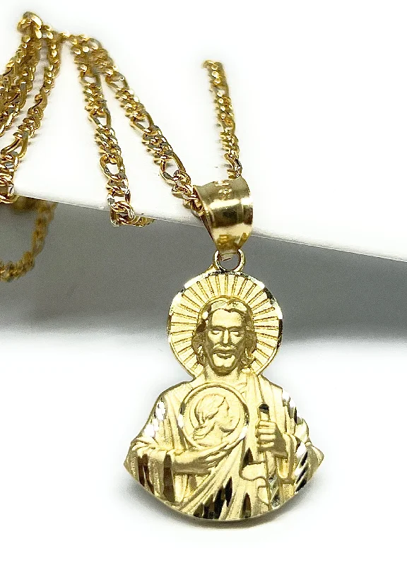 10k Solid Gold Yellow Saan Judas Saaint Jude HALF BODY Pendant Figaro Chain