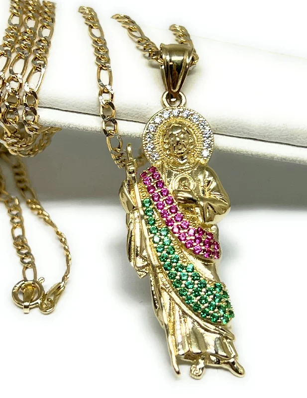 10k Solid Gold Yellow White, Green, Red CZ Saan Judas Saaint Jude Pendant with Chain Optional (MED,LG))