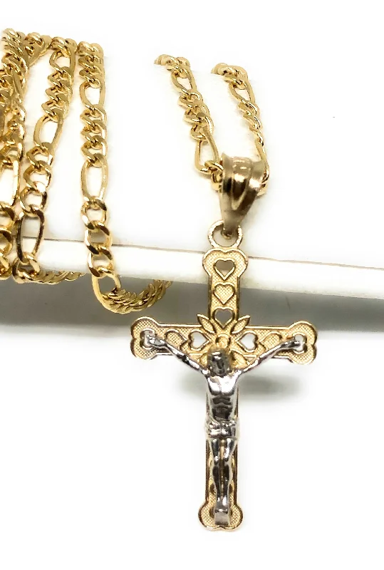 14k Solid Gold 2-Tone Classic Jesus Cross Pendant Necklace Crucifix With Figaro Chain