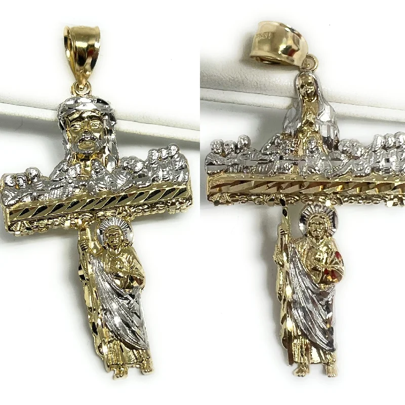 14k Solid Gold 2-Tone CROSS LAST SUPPER Pendant Necklace Virrgin Mary, Saan Judas