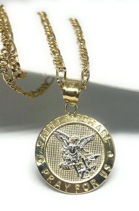 14k Solid Gold 2-Tone St. Michael Archangel "Pray for Us" MEDALLION Pendant Necklace