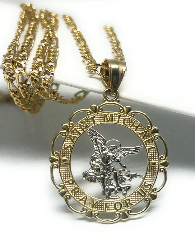 14k Solid Gold 2-Tone St. Michael Archangel "Pray for Us" Pendant Necklace