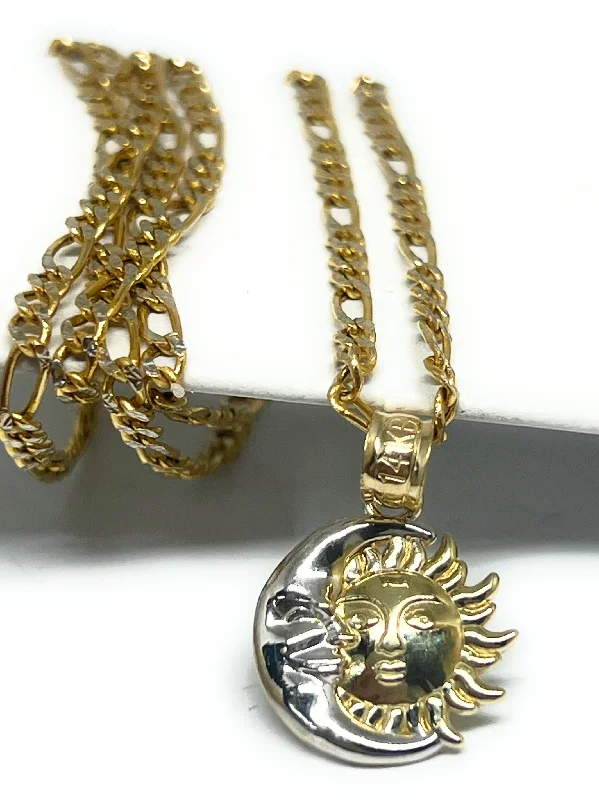 14k Solid Gold 2-Tone SUN AND MOON Pendant Necklace