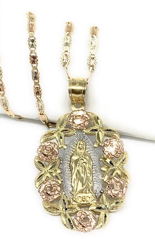 14k Solid Gold Tri-Color Virrgin Mary Flower Pendant Necklace Virrgen Gaudalupe Valentina Chain (LG)