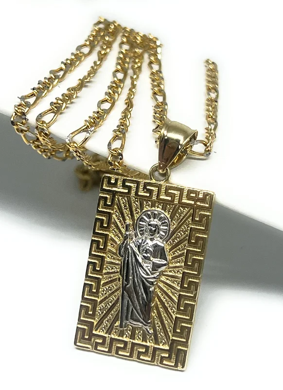 14k Solid Gold Yellow 2-Tone Saan Judas Saaint Jude SQUARE MEANDROS BORDER Pendant with Figaro Chain