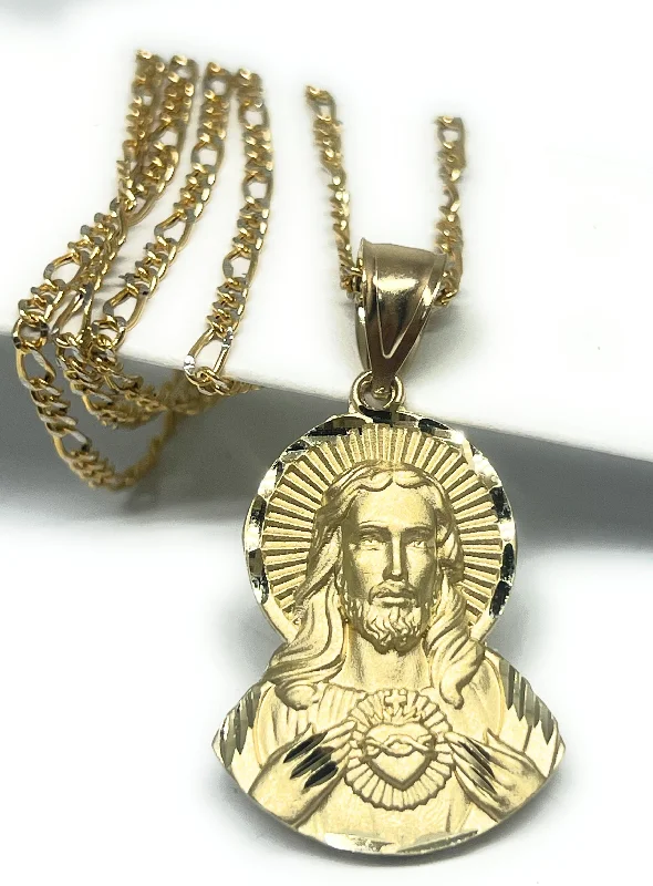 14k Solid Gold Yellow Gold Classic Jesus Sagrado Corazon Pendant Necklace (7.6g)