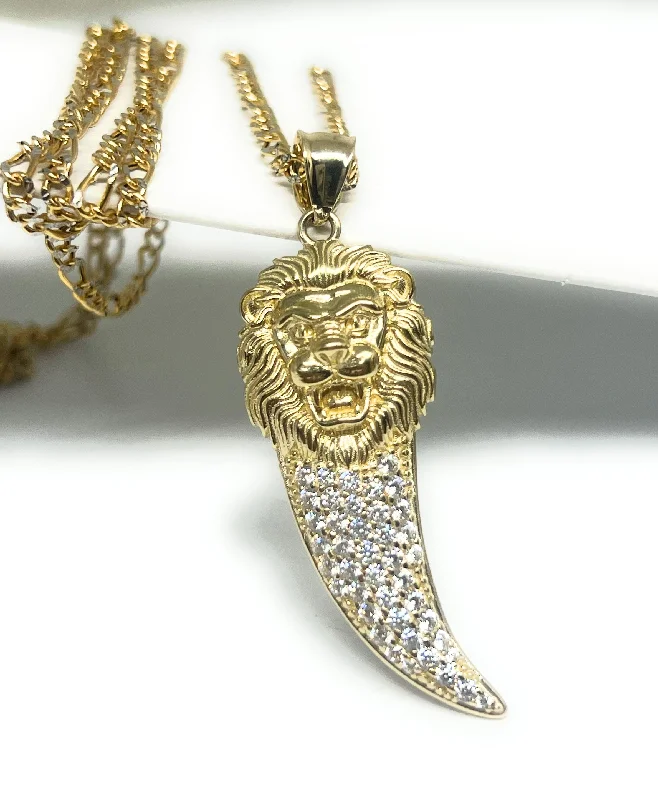 14k Solid Gold Yellow LION WITH CZ HORN Pendant Necklace