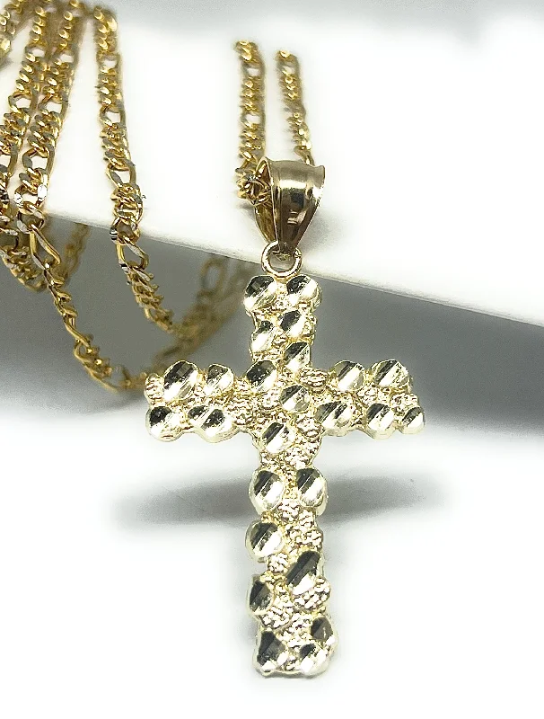 14k Solid Gold Yellow Nugget CROSS Pendant Necklace Figaro Chain