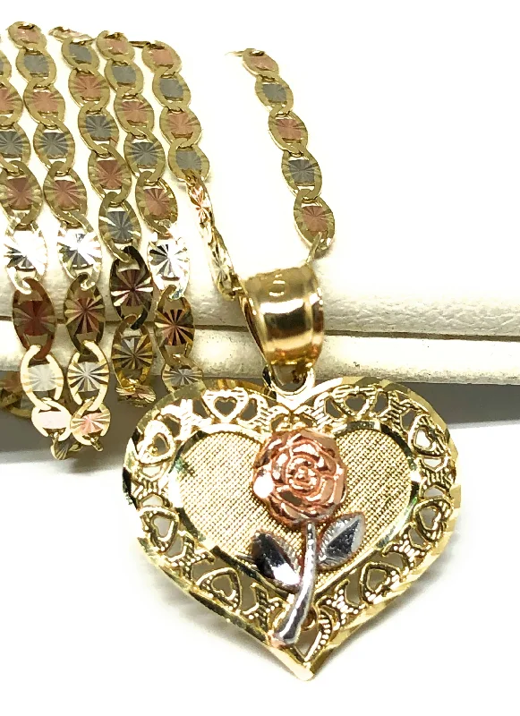 14k Solid Gold Yellow & Rose Heart Pendant Necklace Valentina Chain