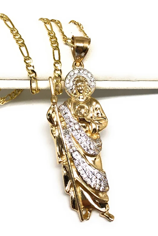 10k Solid Gold Yellow White CZ Saan Judas Saaint Jude Pendant with Chain (SM,MED)