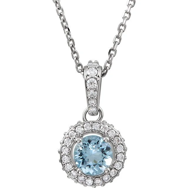 14K WHITE GOLD AQUAMARINE & 1/5 CTW DIAMOND 18" NECKLACE