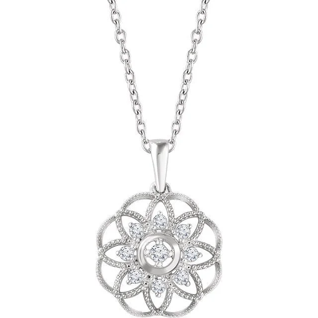 14KT 1/5 CTW DIAMOND FLOWER GRANULATED FILIGREE 18" NECKLACE