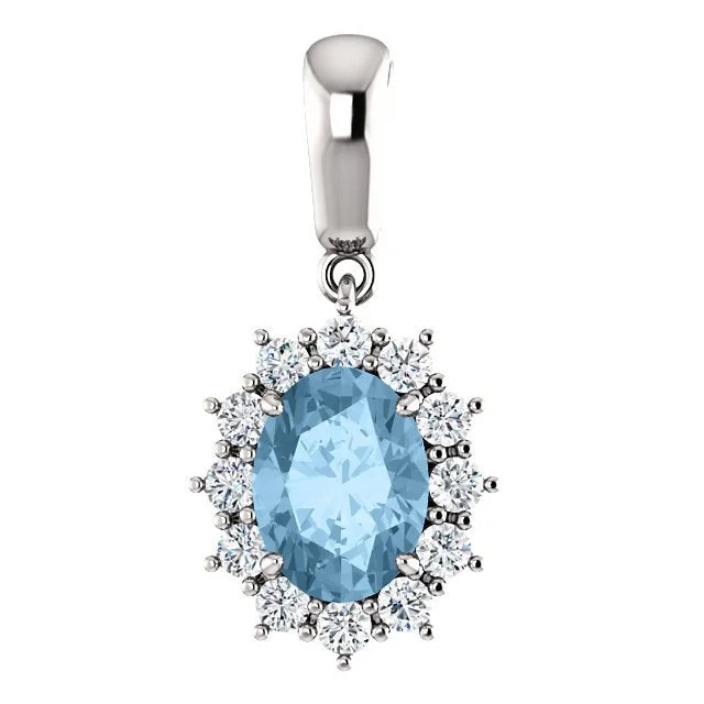 14KT GOLD 1.60 CT SWISS BLUE TOPAZ & 1/3 CTW DIAMOND OVAL HALO PENDANT