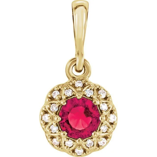 14KT GOLD 0.35 CT GENUINE RUBY & 0.04 CTW DIAMOND HALO PENDANT