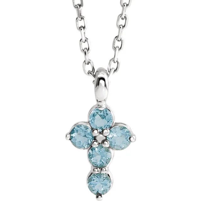 14KT GOLD AQUAMARINE PETITE CROSS PENDANT 16-18" NECKLACE