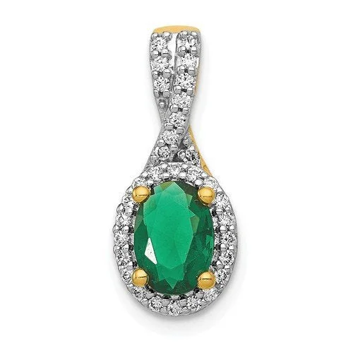 14KT HALO TWISTED DIAMOND AND OVAL EMERALD PENDANT