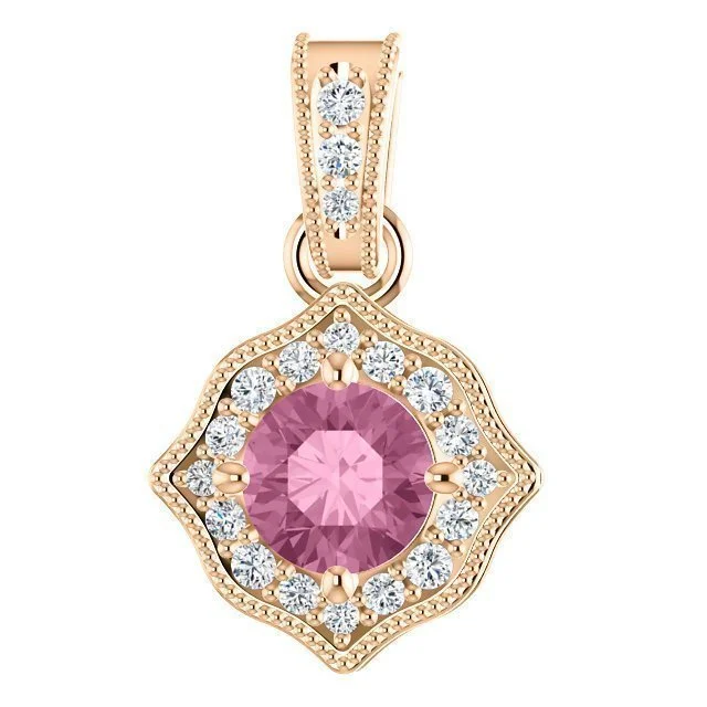 14KT ROSE GOLD BABY PINK TOPAZ & 1/6 CTW DIAMOND VINTAGE HALO PENDANT