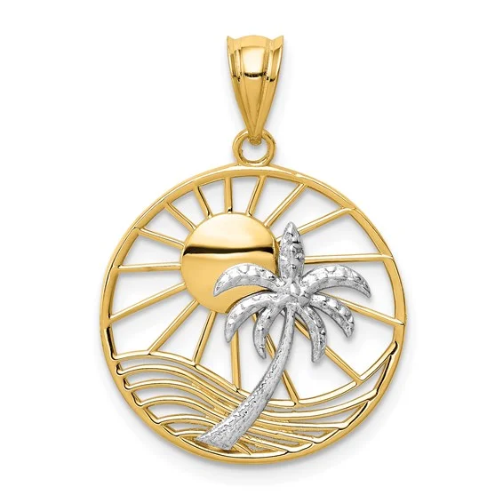 14KT TWO TONE GOLD SUN & PALM TREE PENDANT