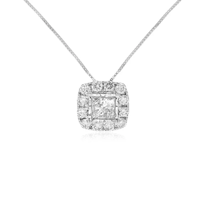 14KT White Gold 0.76 CTW Princess Cut & Round Diamond Halo Pendant