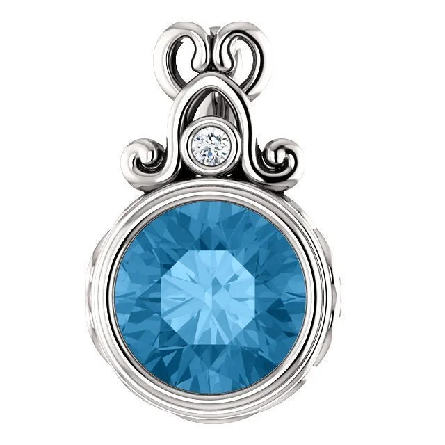 14KT WHITE GOLD 1.30 CT SWISS BLUE TOPAZ & .02 CTW DIAMOND VINTAGE PENDANT