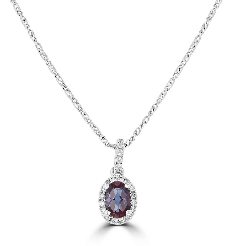 14KT WHITE GOLD 0.45 CT LAB CREATED ALEXANDRITE & .09 CTW DIAMOND HALO NECKLACE