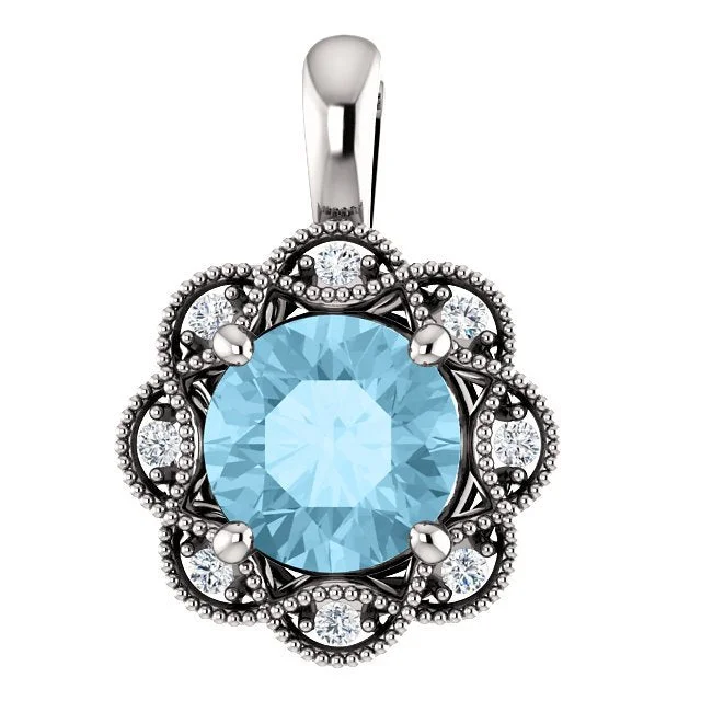 14KT WHITE GOLD 0.75 CT AQUAMARINE & .04 CTW DIAMOND VINTAGE PENDANT